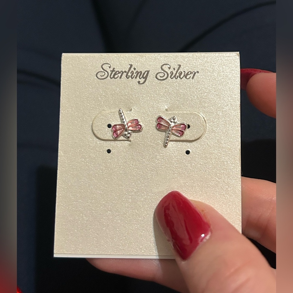 Sterling Silver Pink Dragonfly Earrings
